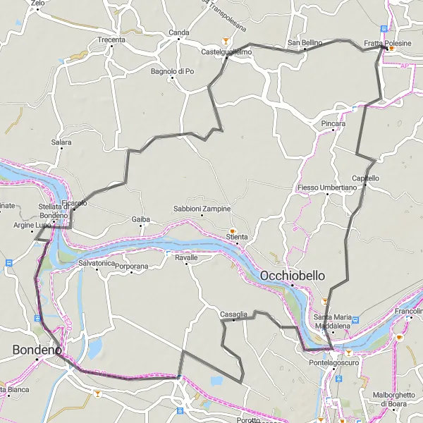 Miniaturní mapa "Okruh kolem Fratta Polesine - Pontelagoscuro - Diamantina - Ficarolo - Castelguglielmo - Villa Badoer" inspirace pro cyklisty v oblasti Veneto, Italy. Vytvořeno pomocí plánovače tras Tarmacs.app