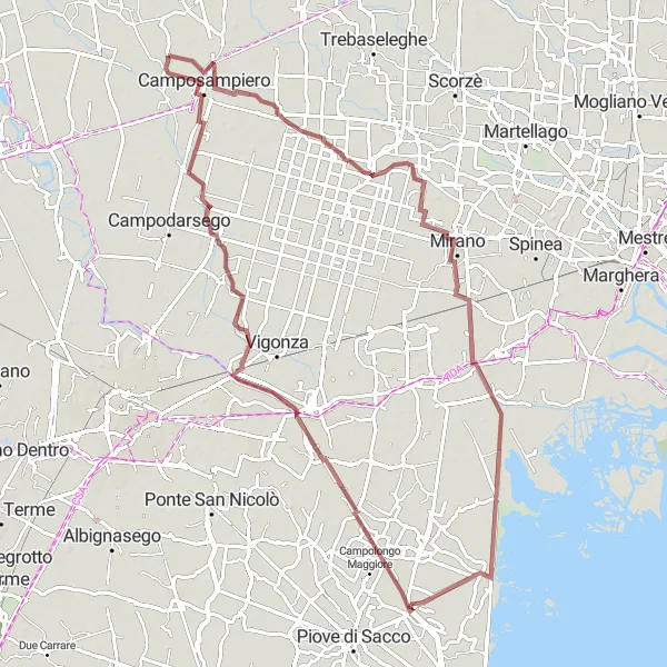 Miniaturní mapa "Gravel trasa s výhledem okolo Fratte" inspirace pro cyklisty v oblasti Veneto, Italy. Vytvořeno pomocí plánovače tras Tarmacs.app