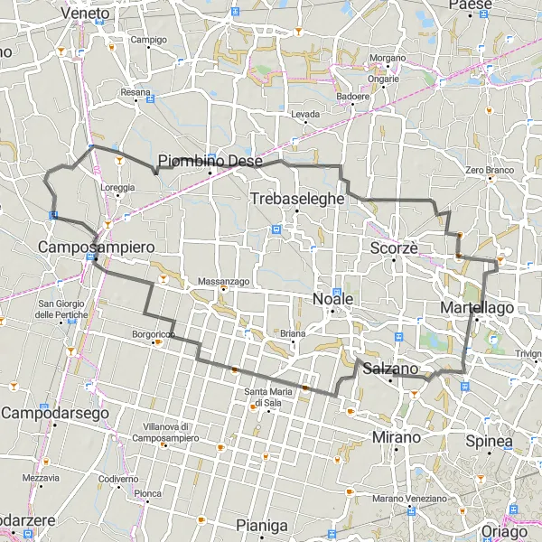 Miniatura della mappa di ispirazione al ciclismo "Tra Bellezze Stradali" nella regione di Veneto, Italy. Generata da Tarmacs.app, pianificatore di rotte ciclistiche