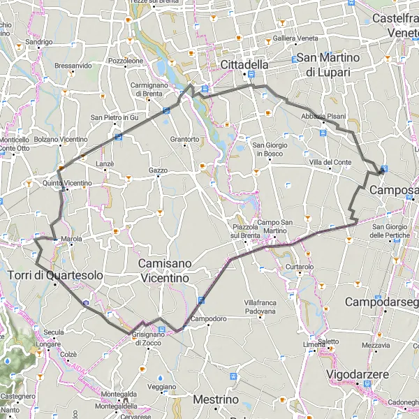 Map miniature of "Road Cycling through Fratte and beyond" cycling inspiration in Veneto, Italy. Generated by Tarmacs.app cycling route planner