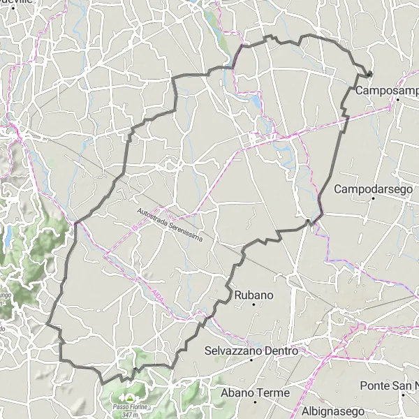 Map miniature of "Fratte Grand Tour" cycling inspiration in Veneto, Italy. Generated by Tarmacs.app cycling route planner