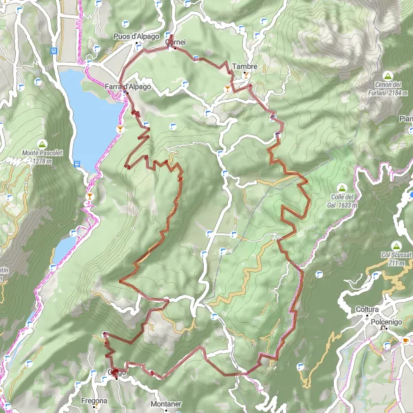 Zemljevid v pomanjšavi "Gorska avantura v bližini Fregone" kolesarske inspiracije v Veneto, Italy. Generirano z načrtovalcem kolesarskih poti Tarmacs.app