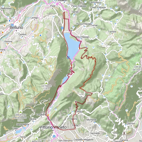 Mapa miniatúra "Gravel Jorney around Fregona" cyklistická inšpirácia v Veneto, Italy. Vygenerované cyklistickým plánovačom trás Tarmacs.app