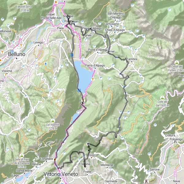 Zemljevid v pomanjšavi "Raznolika kolesarska pot v bližini Fregone" kolesarske inspiracije v Veneto, Italy. Generirano z načrtovalcem kolesarskih poti Tarmacs.app