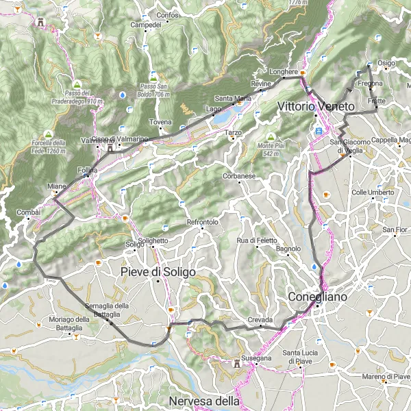 Zemljevid v pomanjšavi "Cikel pot okoli Fregone" kolesarske inspiracije v Veneto, Italy. Generirano z načrtovalcem kolesarskih poti Tarmacs.app