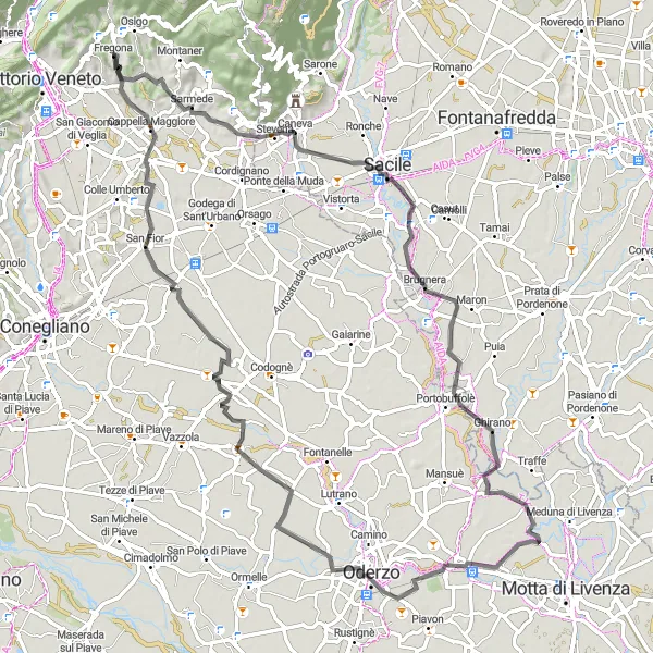 Karttaminiaatyyri "Maantiepyöräilyreitti Castelirin kautta" pyöräilyinspiraatiosta alueella Veneto, Italy. Luotu Tarmacs.app pyöräilyreittisuunnittelijalla