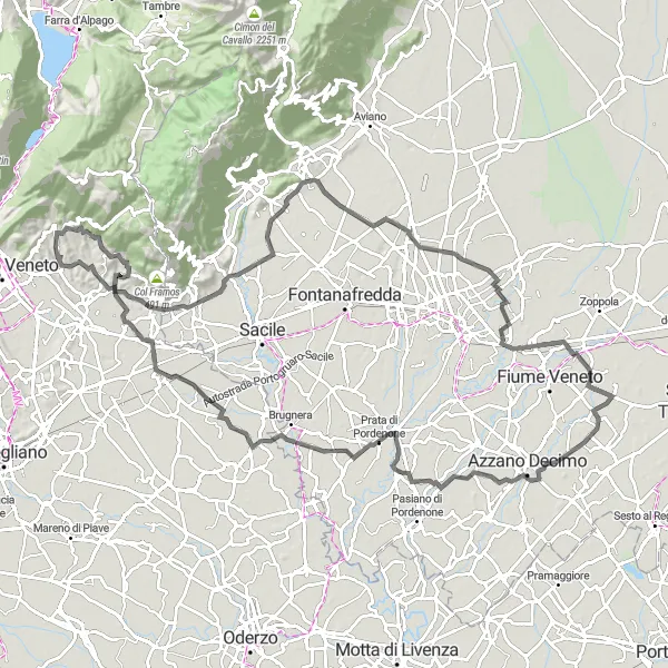 Miniatua del mapa de inspiración ciclista "Ruta de ciclismo de carretera Fregona - Azzano Decimo" en Veneto, Italy. Generado por Tarmacs.app planificador de rutas ciclistas