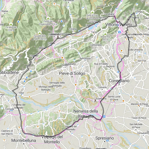 Kartminiatyr av "Fregona til Susegana Loop" sykkelinspirasjon i Veneto, Italy. Generert av Tarmacs.app sykkelrutoplanlegger