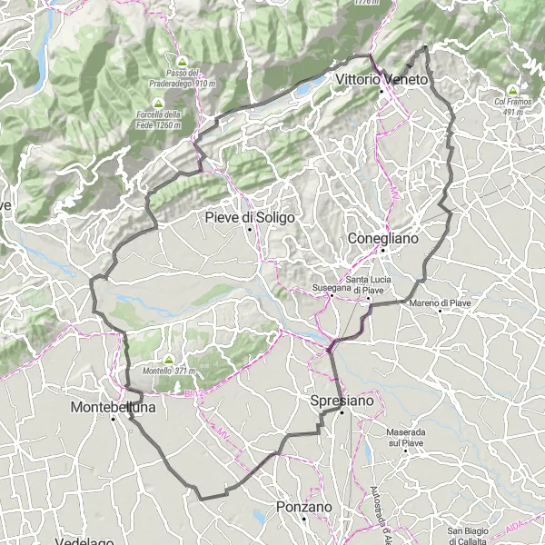 Miniatua del mapa de inspiración ciclista "Ruta en Carretera hacia Vidor y de vuelta a Fregona" en Veneto, Italy. Generado por Tarmacs.app planificador de rutas ciclistas