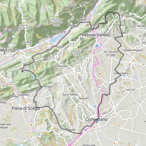 Miniatua del mapa de inspiración ciclista "Ruta de ciclismo por carretera desde Fregona" en Veneto, Italy. Generado por Tarmacs.app planificador de rutas ciclistas