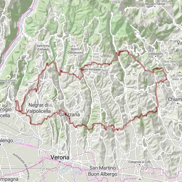 Miniatua del mapa de inspiración ciclista "Ruta de Gravel por Valpolicella y Monte Tesoro" en Veneto, Italy. Generado por Tarmacs.app planificador de rutas ciclistas