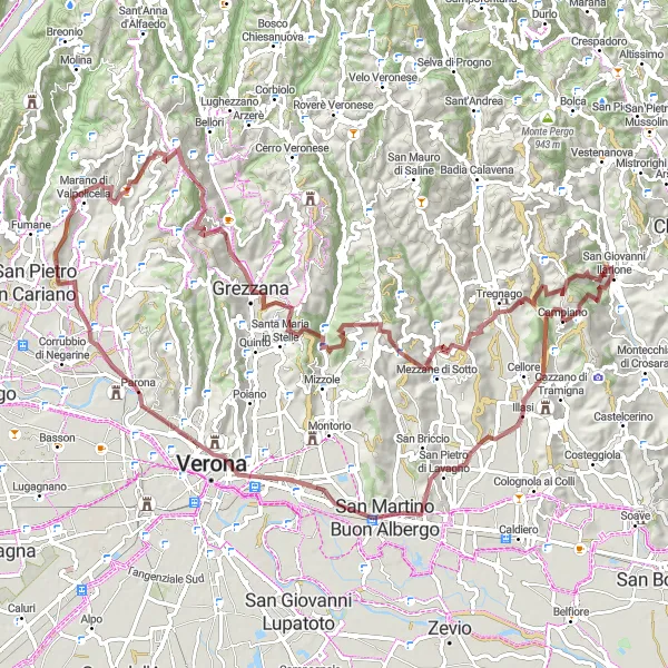 Zemljevid v pomanjšavi "Gorska avantura okoli Valpolicelle" kolesarske inspiracije v Veneto, Italy. Generirano z načrtovalcem kolesarskih poti Tarmacs.app
