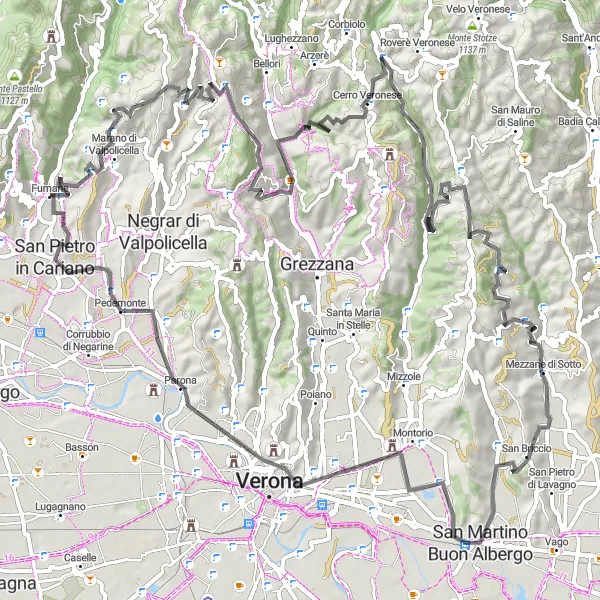 Miniatura della mappa di ispirazione al ciclismo "Giro in bicicletta attraverso le colline di Valpolicella" nella regione di Veneto, Italy. Generata da Tarmacs.app, pianificatore di rotte ciclistiche