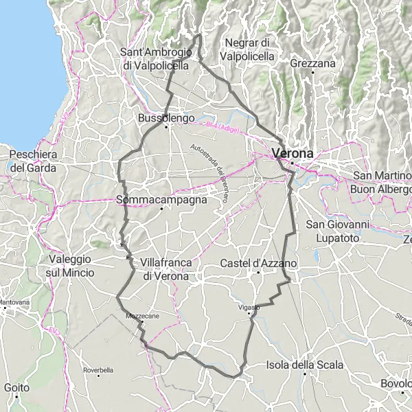 Miniaturní mapa "Okružní cyklotrasa Verona - Custoza" inspirace pro cyklisty v oblasti Veneto, Italy. Vytvořeno pomocí plánovače tras Tarmacs.app