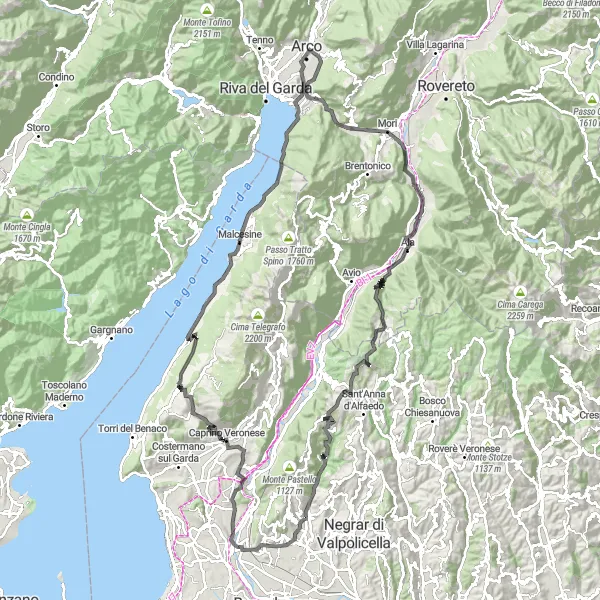 Miniatua del mapa de inspiración ciclista "Ruta de Carretera por Malcesine y Monte Brione" en Veneto, Italy. Generado por Tarmacs.app planificador de rutas ciclistas