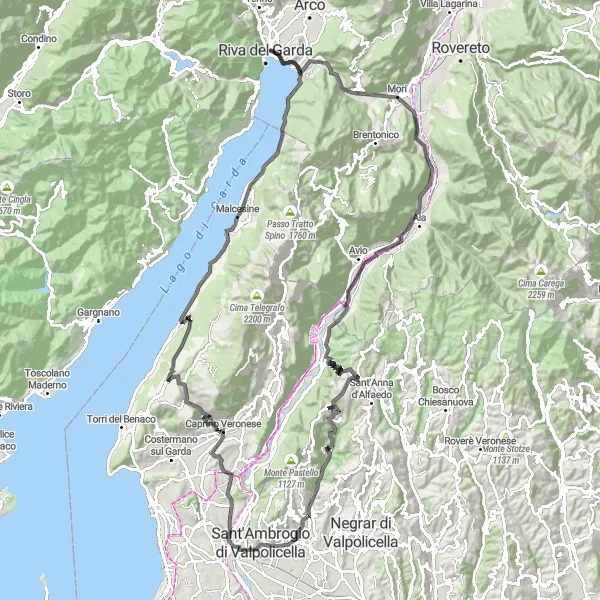 Miniature de la carte de l'inspiration cycliste "Le tour du lac de Garde" dans la Veneto, Italy. Générée par le planificateur d'itinéraire cycliste Tarmacs.app