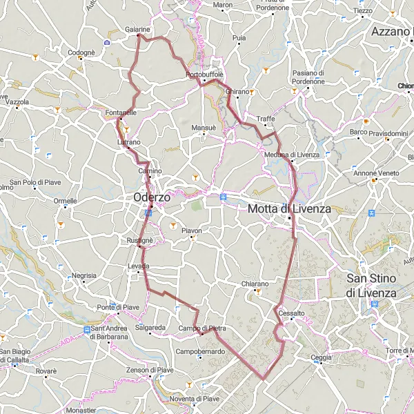 Miniatua del mapa de inspiración ciclista "Ruta de ciclismo de gravilla de Gaiarine a Cessalto" en Veneto, Italy. Generado por Tarmacs.app planificador de rutas ciclistas