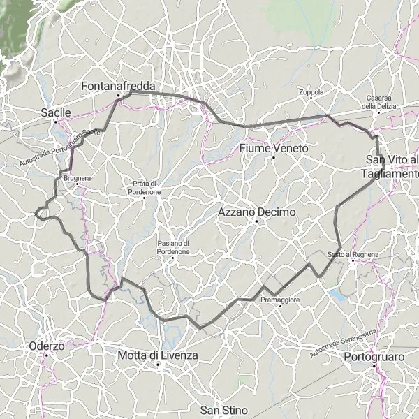 Miniatura mapy "Przejażdżka rowerowa do Pravisdomini" - trasy rowerowej w Veneto, Italy. Wygenerowane przez planer tras rowerowych Tarmacs.app