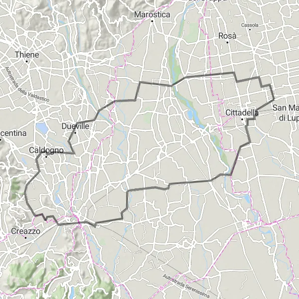 Mapa miniatúra "Okruh kolesárskej trasy s výhľadom na Gotham" cyklistická inšpirácia v Veneto, Italy. Vygenerované cyklistickým plánovačom trás Tarmacs.app