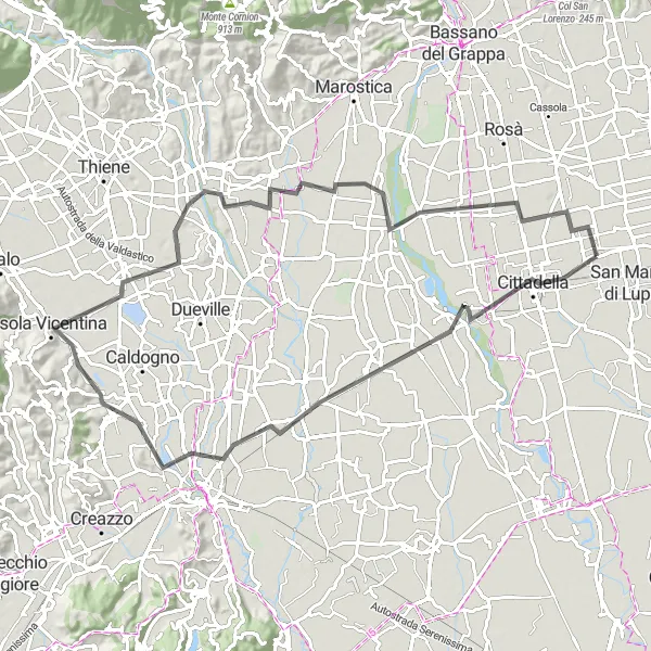 Miniatuurkaart van de fietsinspiratie "Toertocht naar Tezze sul Brenta" in Veneto, Italy. Gemaakt door de Tarmacs.app fietsrouteplanner