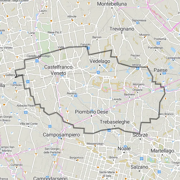 Miniature de la carte de l'inspiration cycliste "Parcours à vélo près de Galliera Veneta" dans la Veneto, Italy. Générée par le planificateur d'itinéraire cycliste Tarmacs.app