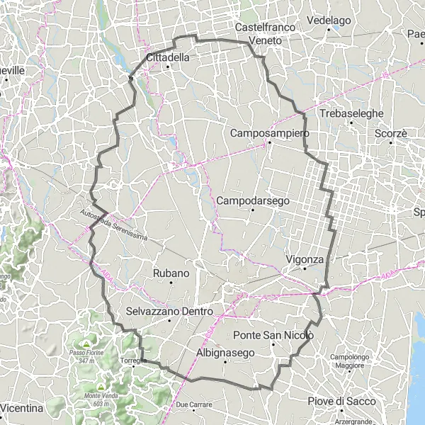 Map miniature of "Galliera Veneta - Montegrotto Terme Loop" cycling inspiration in Veneto, Italy. Generated by Tarmacs.app cycling route planner