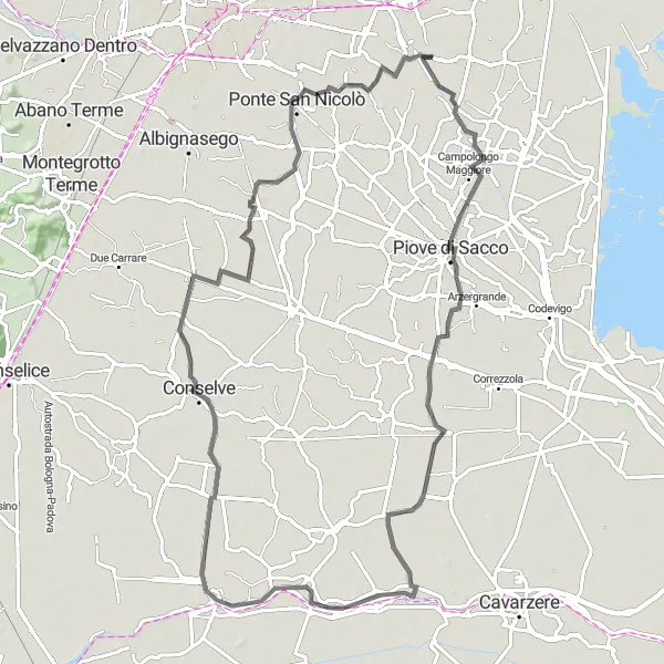 Miniatua del mapa de inspiración ciclista "Descubrimiento en carretera de Piove di Sacco a Saonara" en Veneto, Italy. Generado por Tarmacs.app planificador de rutas ciclistas