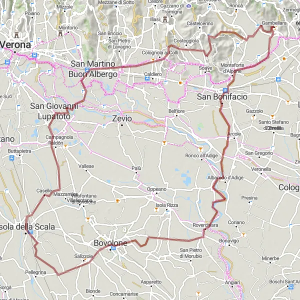 Miniatuurkaart van de fietsinspiratie "Epische gravel route van Gambellara naar Mont Foscarin" in Veneto, Italy. Gemaakt door de Tarmacs.app fietsrouteplanner