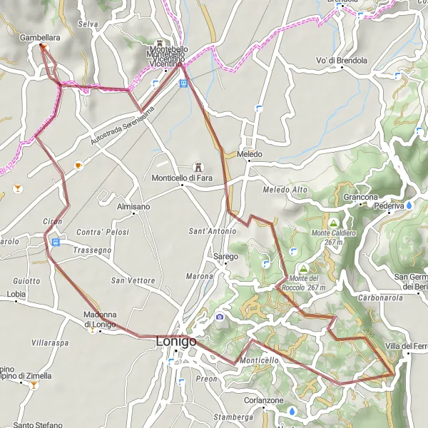 Miniatuurkaart van de fietsinspiratie "Gravel rondrit van Gambellara naar Montebello Vicentino" in Veneto, Italy. Gemaakt door de Tarmacs.app fietsrouteplanner