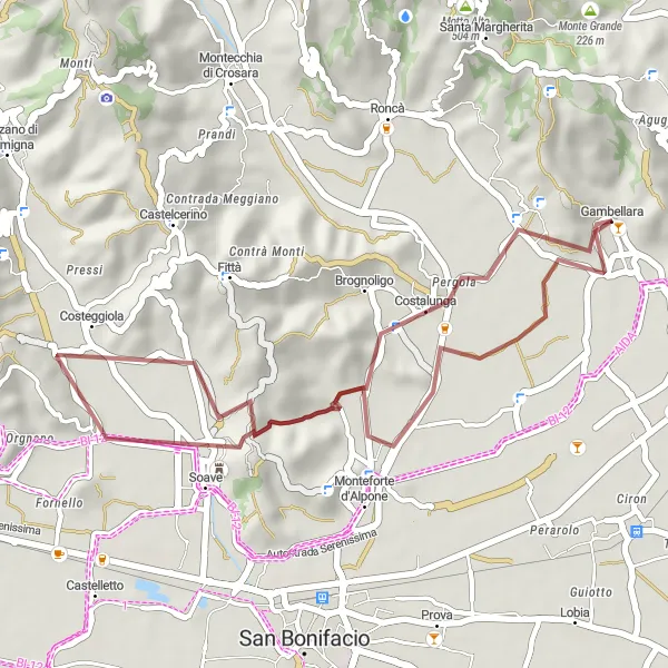 Miniatuurkaart van de fietsinspiratie "Offroad avontuur rond Gambellara via Brognoligo en Soave" in Veneto, Italy. Gemaakt door de Tarmacs.app fietsrouteplanner