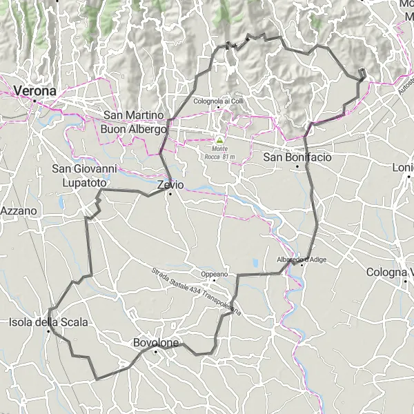 Miniatuurkaart van de fietsinspiratie "Fietsroute rond Gambellara via Arcole, Isola Rizza en Zevio" in Veneto, Italy. Gemaakt door de Tarmacs.app fietsrouteplanner