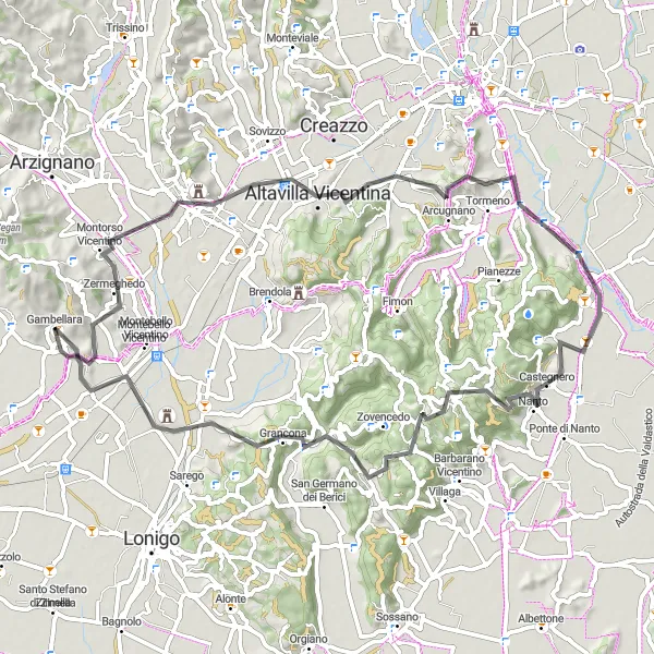 Miniatuurkaart van de fietsinspiratie "Uitdagende route van Gambellara naar Villa da Porto" in Veneto, Italy. Gemaakt door de Tarmacs.app fietsrouteplanner
