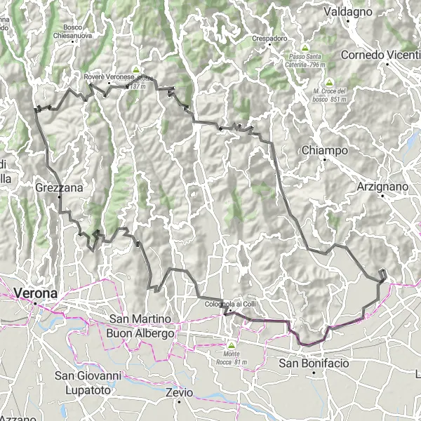 Miniatuurkaart van de fietsinspiratie "Roadtrip van Monteforte d'Alpone naar Monte Duello" in Veneto, Italy. Gemaakt door de Tarmacs.app fietsrouteplanner