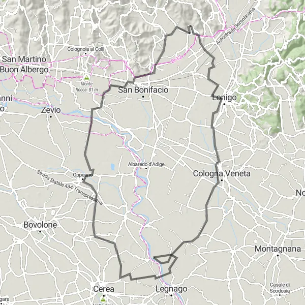 Miniatuurkaart van de fietsinspiratie "Scenic route van Gambellara naar Isola Rizza en Monteforte d'Alpone" in Veneto, Italy. Gemaakt door de Tarmacs.app fietsrouteplanner