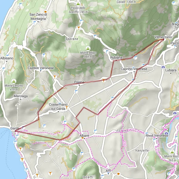 Miniatua del mapa de inspiración ciclista "Ruta Gravel desde Garda a Monte Motta y Albarè" en Veneto, Italy. Generado por Tarmacs.app planificador de rutas ciclistas