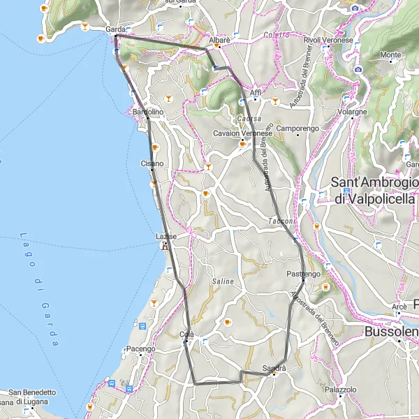 Miniaturní mapa "Okruh kolem Gardy přes Monte Moscal a Bardolino" inspirace pro cyklisty v oblasti Veneto, Italy. Vytvořeno pomocí plánovače tras Tarmacs.app