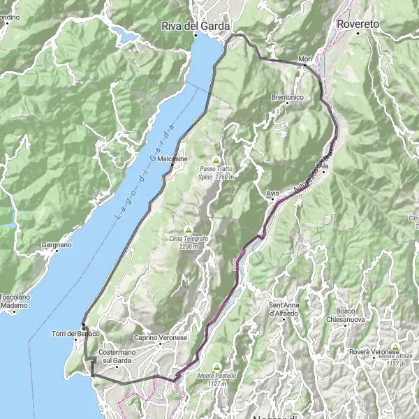 Mapa miniatúra "Road bike dobrodružství kolem jezera Garda" cyklistická inšpirácia v Veneto, Italy. Vygenerované cyklistickým plánovačom trás Tarmacs.app