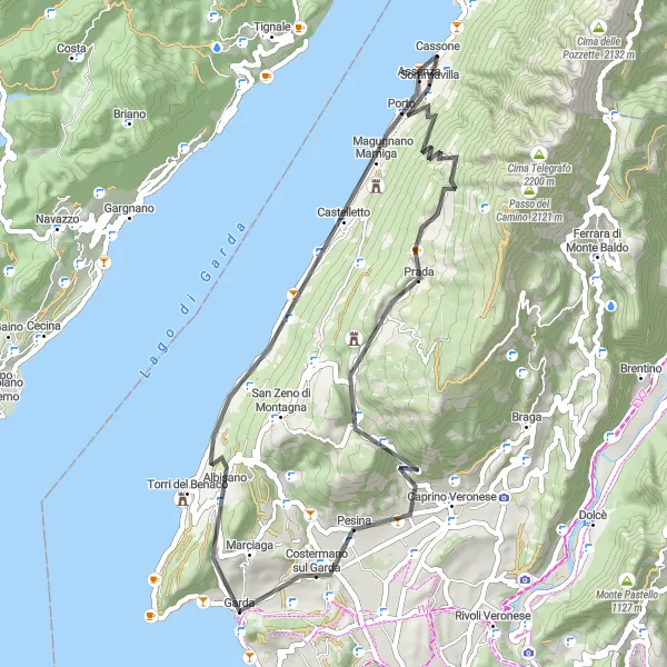 Miniatua del mapa de inspiración ciclista "Ruta de carretera desde La Rocca a Garda" en Veneto, Italy. Generado por Tarmacs.app planificador de rutas ciclistas