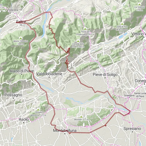 Miniatuurkaart van de fietsinspiratie "Volpago del Montello naar Nervesa della Battaglia route" in Veneto, Italy. Gemaakt door de Tarmacs.app fietsrouteplanner