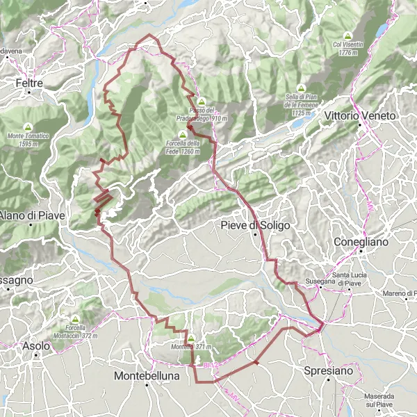 Miniatura della mappa di ispirazione al ciclismo "Avventuroso giro in bicicletta gravel sul Montello" nella regione di Veneto, Italy. Generata da Tarmacs.app, pianificatore di rotte ciclistiche