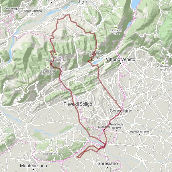 Map miniature of "Prosecco Gravel Tour" cycling inspiration in Veneto, Italy. Generated by Tarmacs.app cycling route planner
