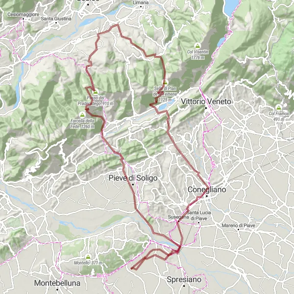 Miniatura della mappa di ispirazione al ciclismo "Percorso in bicicletta gravel tra Montello e Conegliano" nella regione di Veneto, Italy. Generata da Tarmacs.app, pianificatore di rotte ciclistiche