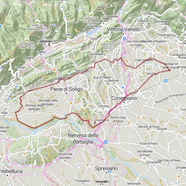 Miniatura della mappa di ispirazione al ciclismo "Esplorazione tra natura e tradizione a Godega" nella regione di Veneto, Italy. Generata da Tarmacs.app, pianificatore di rotte ciclistiche
