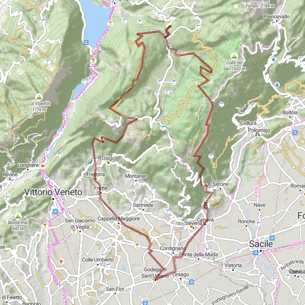 Map miniature of "Godega Gravel Adventure" cycling inspiration in Veneto, Italy. Generated by Tarmacs.app cycling route planner