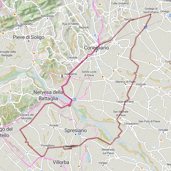Miniatua del mapa de inspiración ciclista "Ruta de Gravel por Godega" en Veneto, Italy. Generado por Tarmacs.app planificador de rutas ciclistas