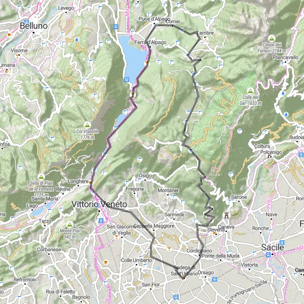Zemljevid v pomanjšavi "Razgibana kolesarska pot v bližini Godege" kolesarske inspiracije v Veneto, Italy. Generirano z načrtovalcem kolesarskih poti Tarmacs.app