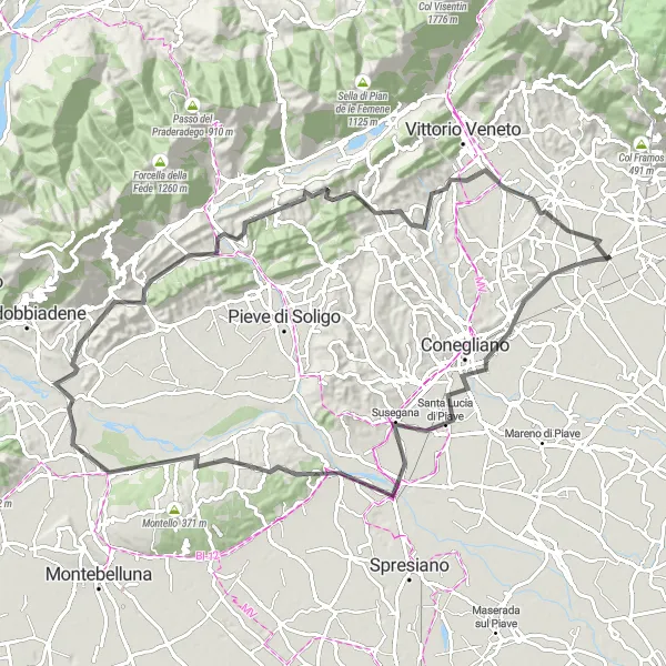 Kartminiatyr av "Godega - San Vendemiano - Nervesa della Battaglia Loop" sykkelinspirasjon i Veneto, Italy. Generert av Tarmacs.app sykkelrutoplanlegger