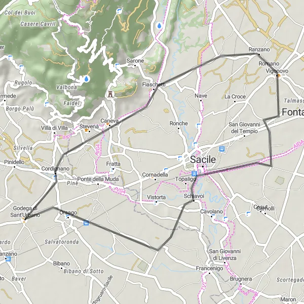 Kartminiatyr av "Vägcykling Godega Loop" cykelinspiration i Veneto, Italy. Genererad av Tarmacs.app cykelruttplanerare