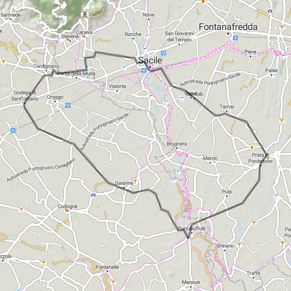 Miniatura della mappa di ispirazione al ciclismo "Itinerario panoramico tra Sacile e Gaiarine" nella regione di Veneto, Italy. Generata da Tarmacs.app, pianificatore di rotte ciclistiche