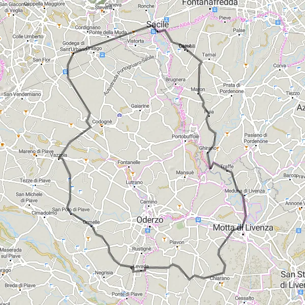 Zemljevid v pomanjšavi "Cestna Pot do Orsaga, Sacileja in Pianzana" kolesarske inspiracije v Veneto, Italy. Generirano z načrtovalcem kolesarskih poti Tarmacs.app